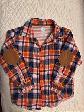 wonder nation Orange, Blue & Red Plaid Button-Down Shirt with Elbow Patches